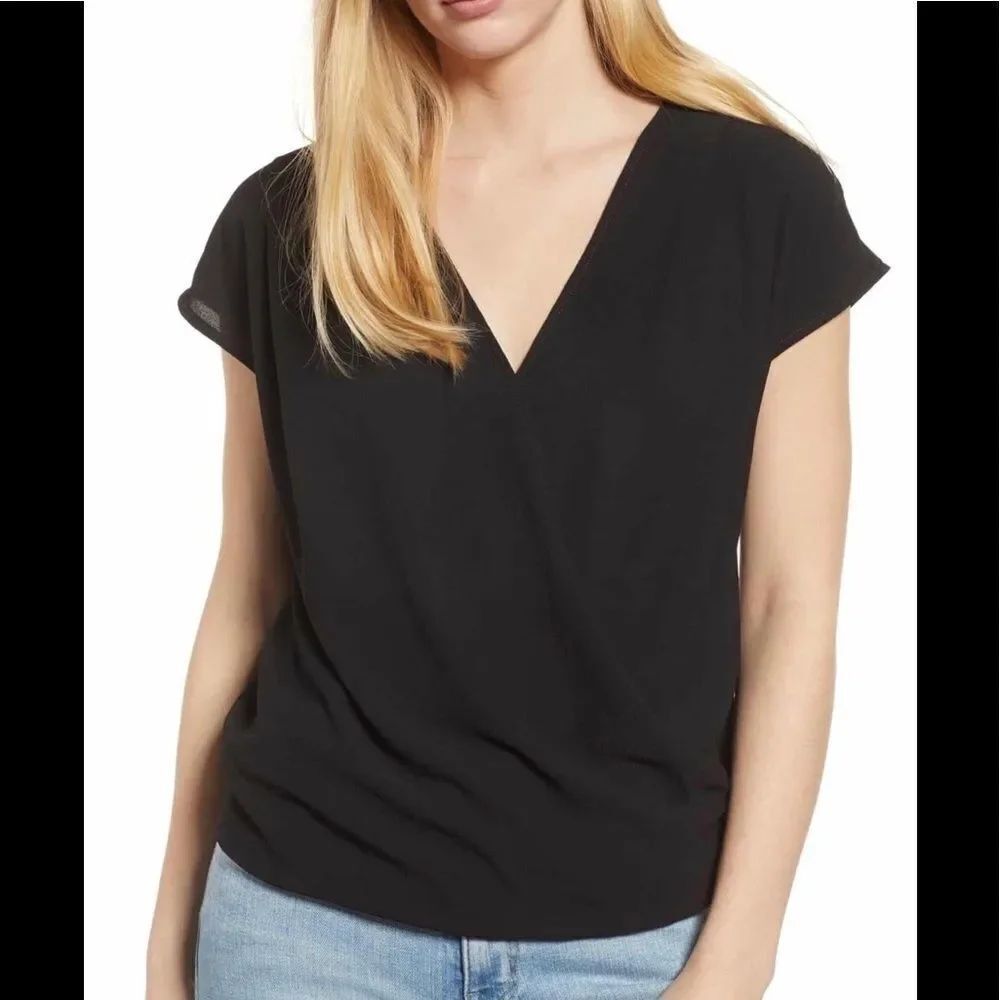Gibson draped black faux wrap  V neck top